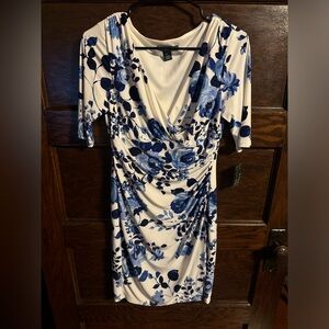 Lauren Ralph Lauren Blue and White Ruched Midi Dress, NWT, Size 8P